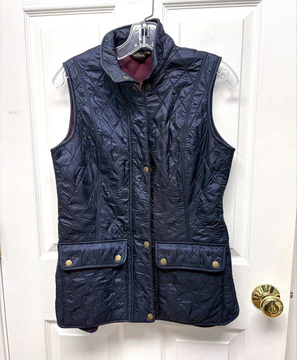 Barbour Wray Gilet Quilted Vest Lined Navy Blue Snaps Zip UK M US Size S